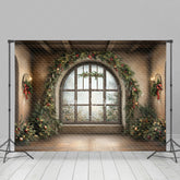 Lofaris Grand Christmas Window Combo Set Backdrop Rustic Room with Holiday Garland Festive Braided Rug Photo Floor